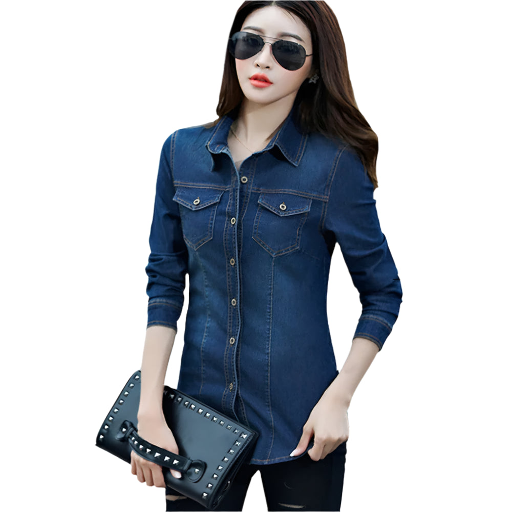 Vintage stretch denim shirt with long sleeves and slim fit for women