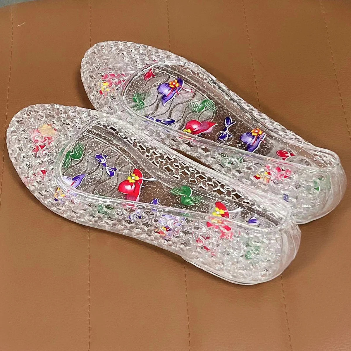Jelly sandals with floral and daisy print for women