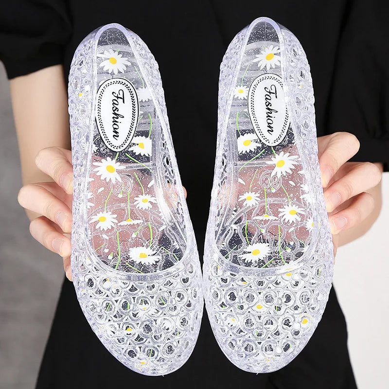 Jelly sandals with floral and daisy print for women