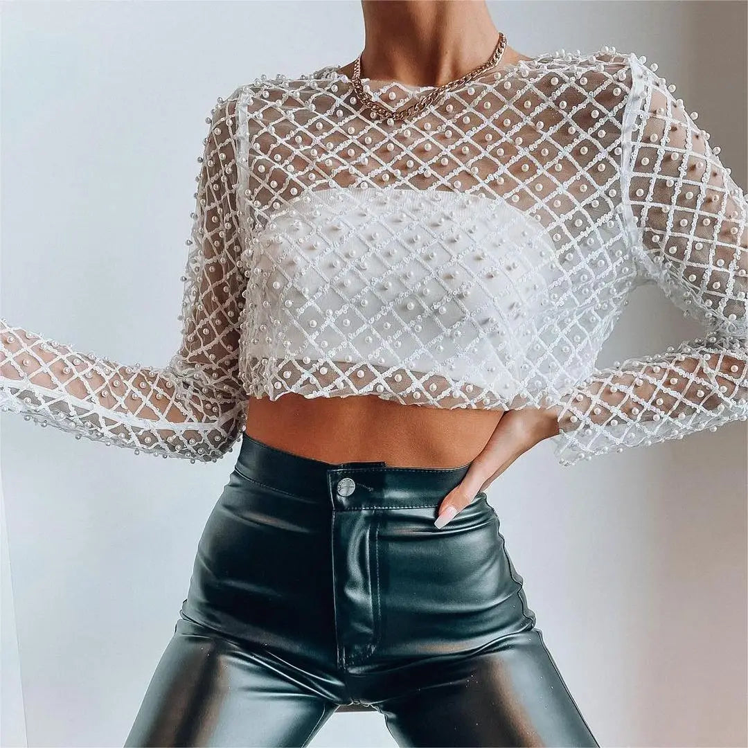 Chic transparent knit top for women – slim long sleeves