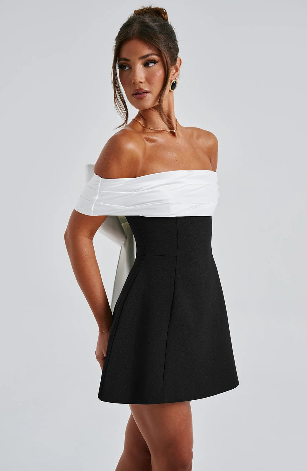 Yvonne | Bardot neckline mini dress with contoured bubble skirt