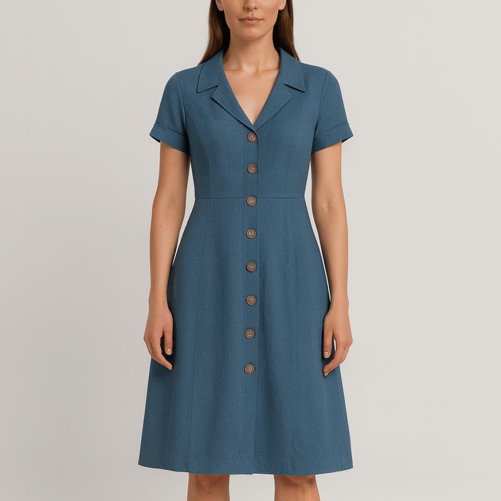 Yvonne | Button-Down Dress – V-Neck Collar – Short Sleeves