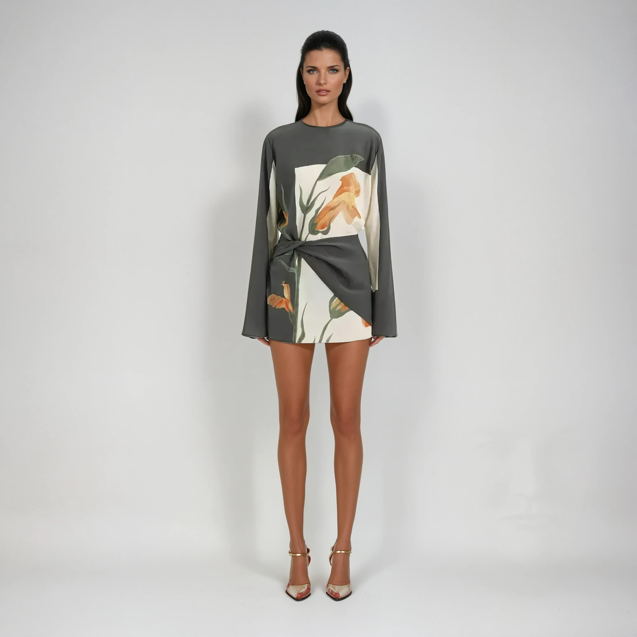 Yvonne | Floral print mini dress with draped overlay and flared sleeves