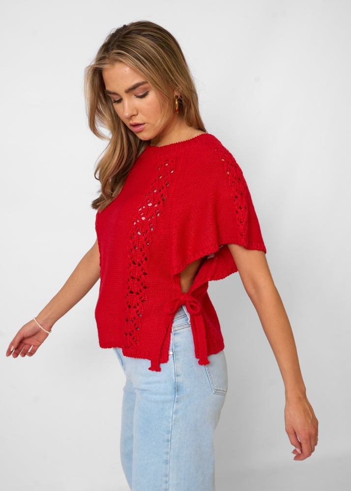 Amélie - Haut en tricot rouge pour femmes avec détails à nœud, élégant et confortable