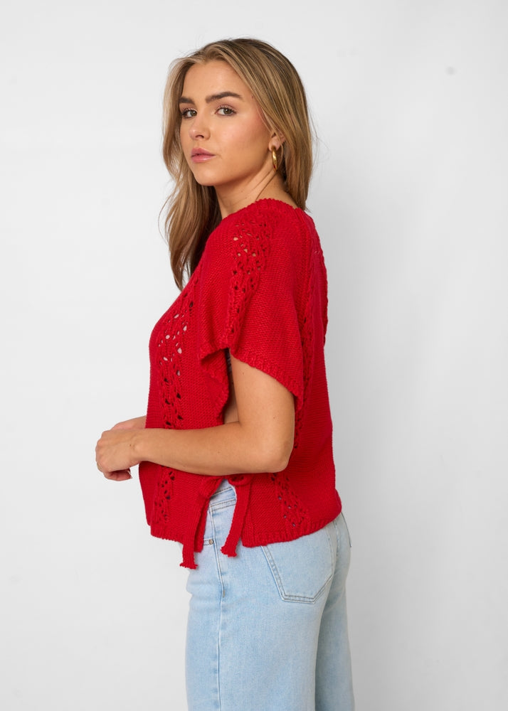 Amélie - Haut en tricot rouge pour femmes avec détails à nœud, élégant et confortable