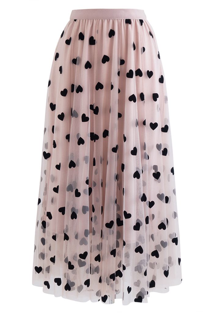 Long tulle skirt for women – with hearts, elegant double layer