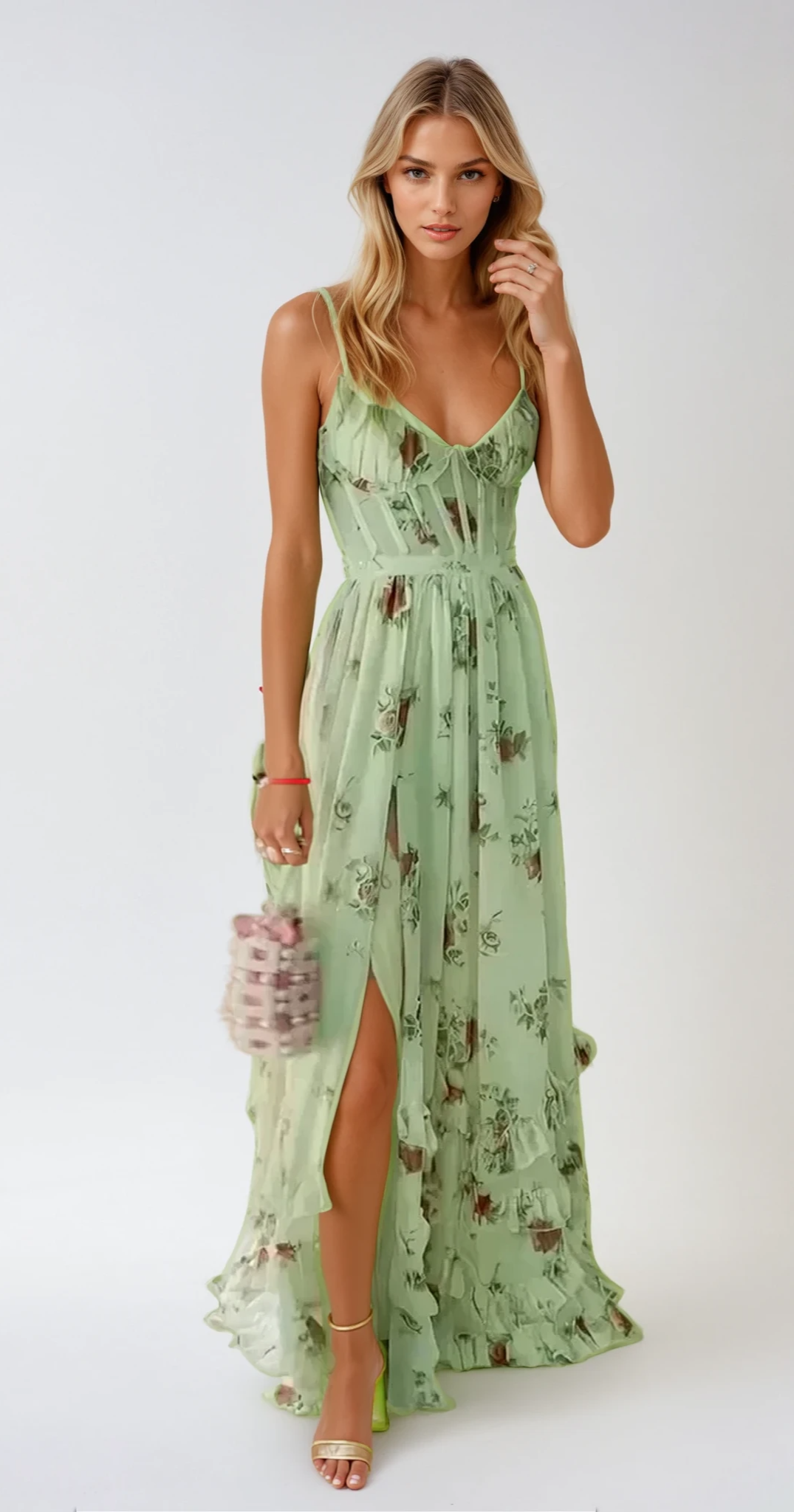 Long romantic floral garden evening dress with slit and ruffles