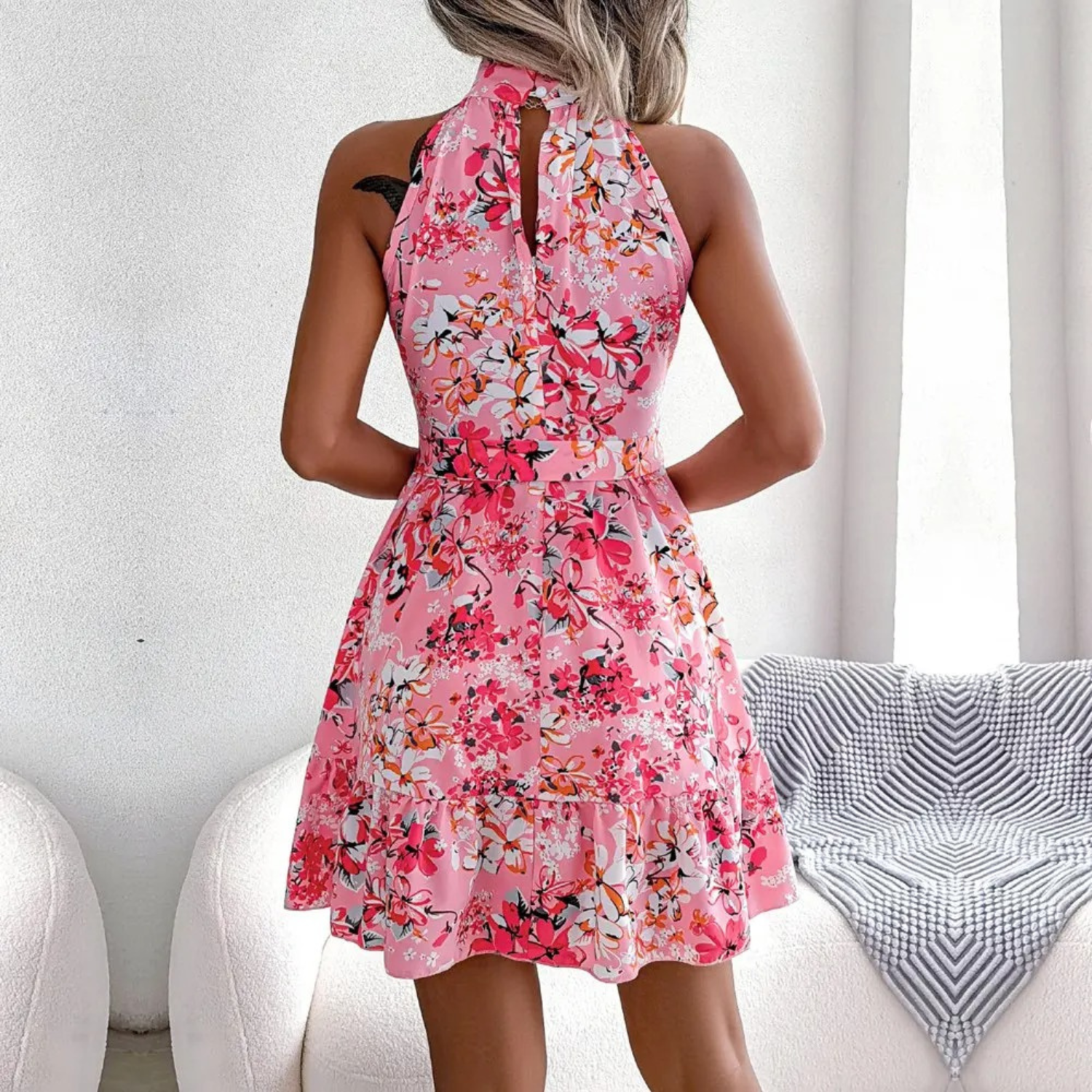 Mini halter backless floral dress - fitted and flared for women