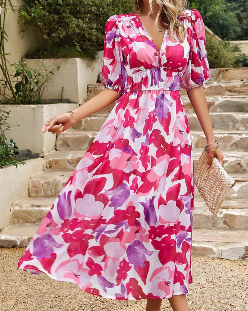 Elegant floral midi dress with puff sleeves, fitted waist, and V-neck collar