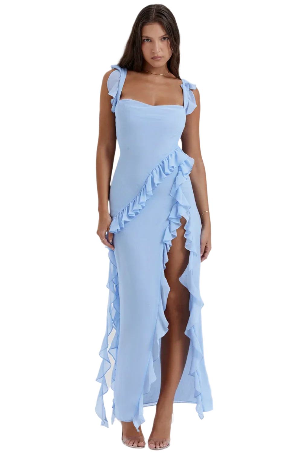 Long dress with cowl neck and ruffled hem with slit for women
