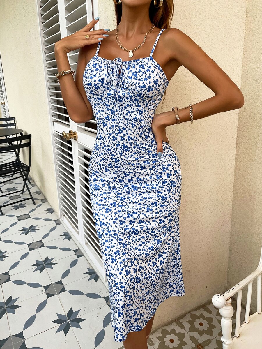 Floral midi dress with thin straps and fitted cut for women