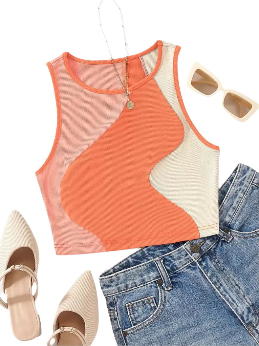 Ribbed knit color block tank tops for women – Casual cropped summer top