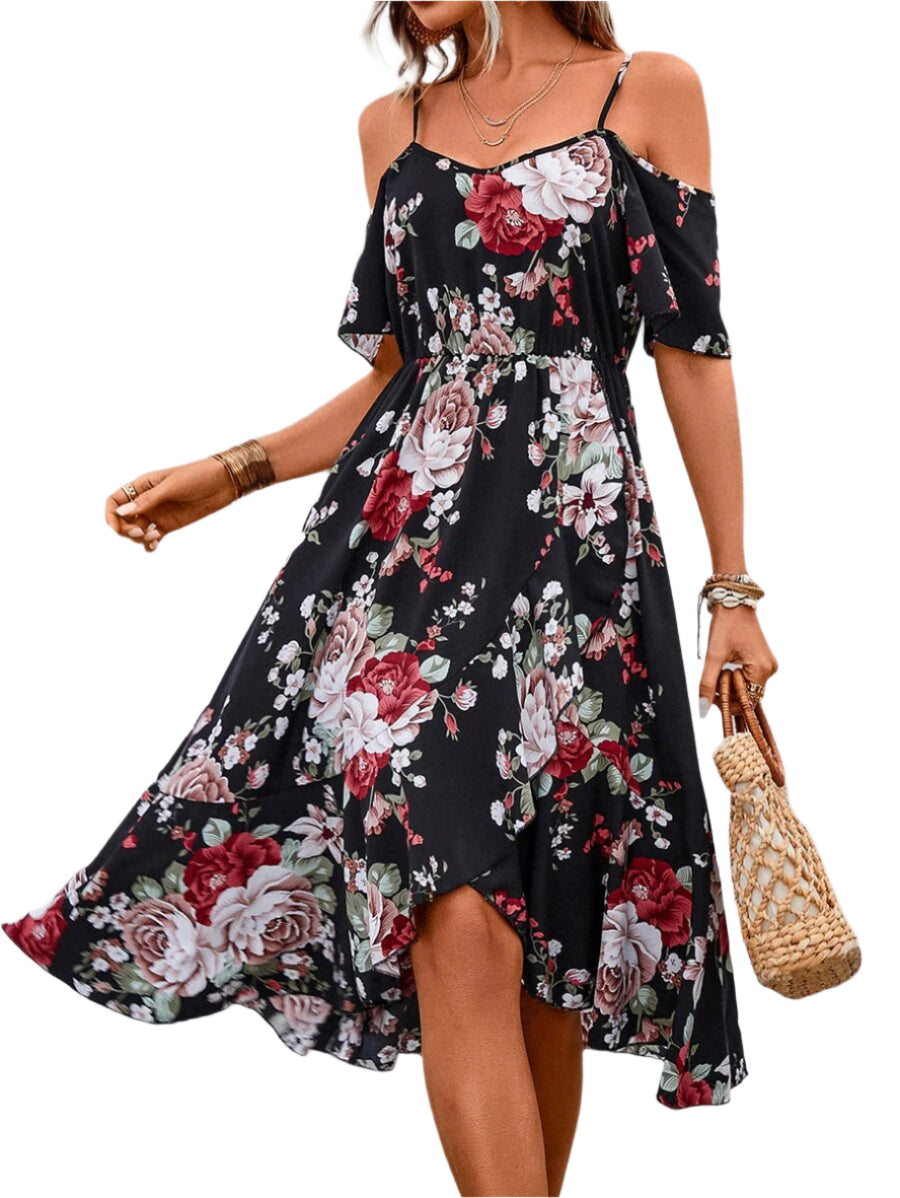 Off-shoulder and wrap hem floral midi dress for women