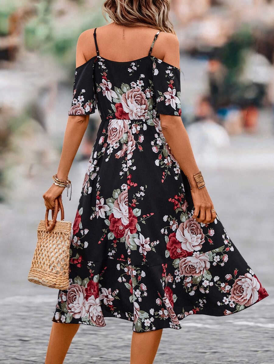 Off-shoulder and wrap hem floral midi dress for women