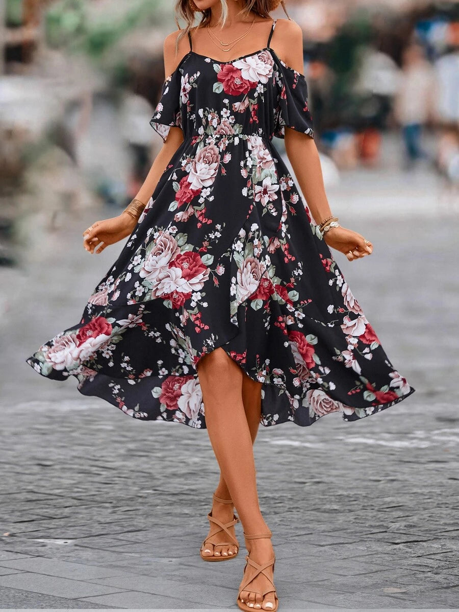 Off-shoulder and wrap hem floral midi dress for women