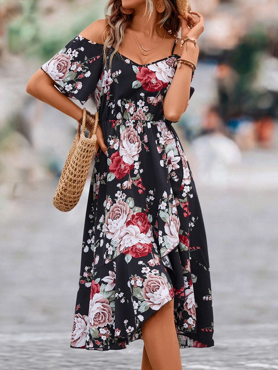 Off-shoulder and wrap hem floral midi dress for women