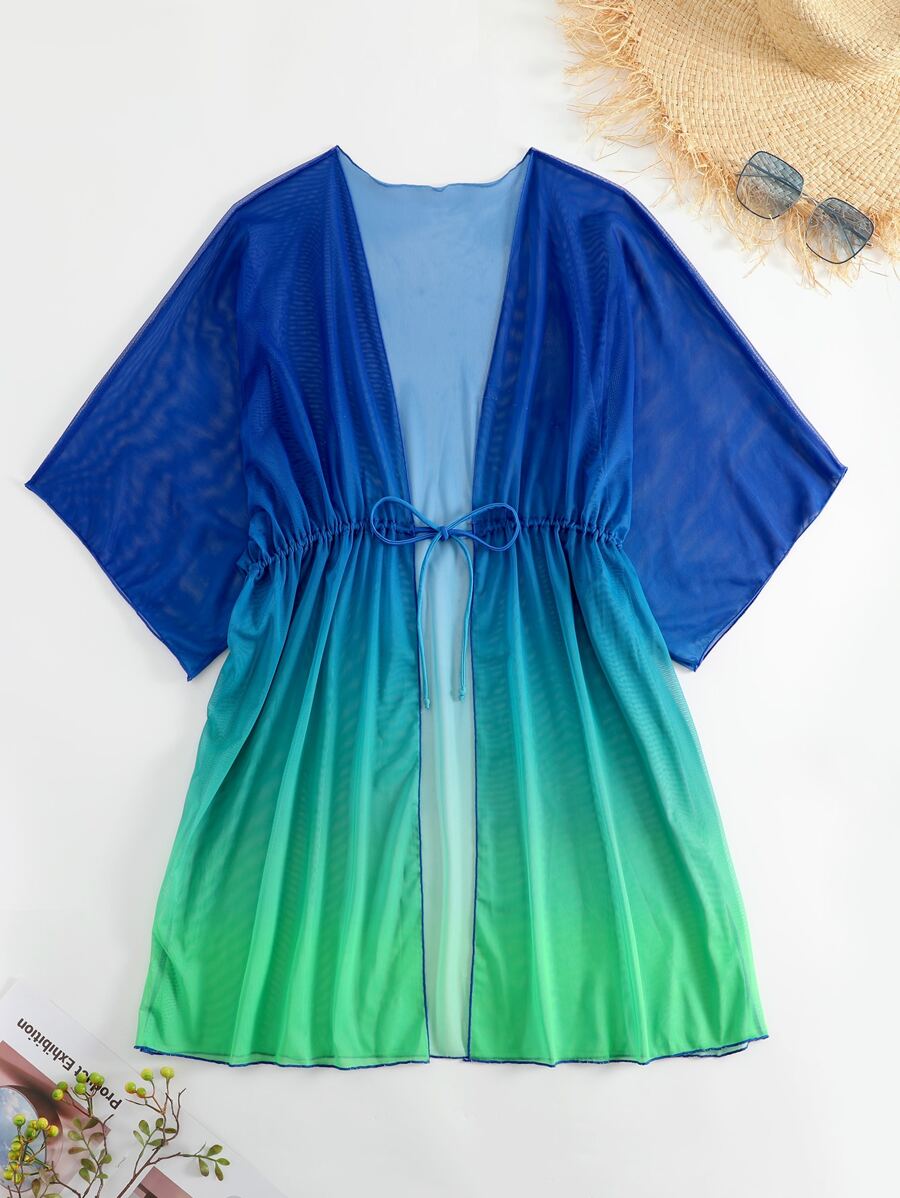 Kimono beach swimsuit cover-up in shaded mesh with batwing sleeves for women