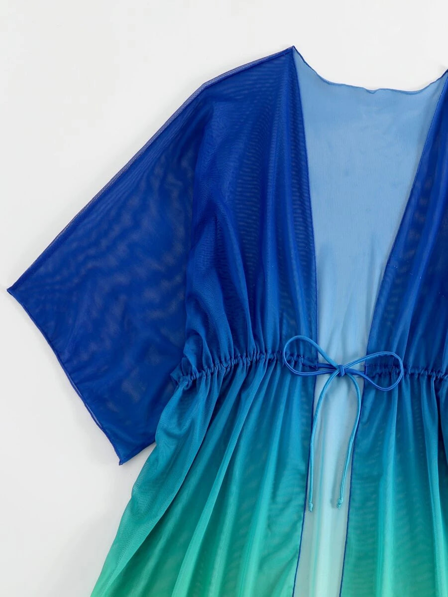 Kimono beach swimsuit cover-up in shaded mesh with batwing sleeves for women