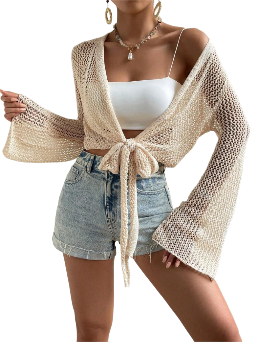 Mesh beach cover-up with front knot and ruffled sleeves