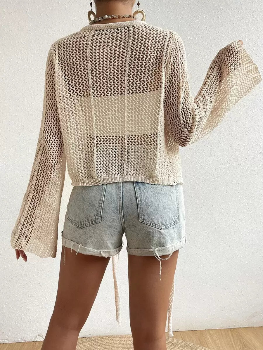 Mesh beach cover-up with front knot and ruffled sleeves