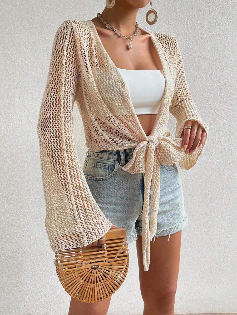 Mesh beach cover-up with front knot and ruffled sleeves