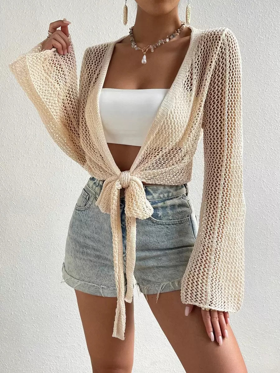 Mesh beach cover-up with front knot and ruffled sleeves