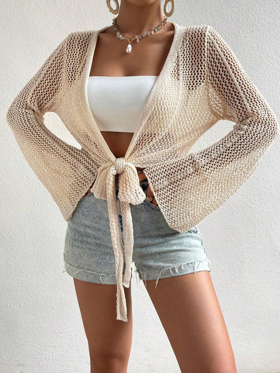 Mesh beach cover-up with front knot and ruffled sleeves