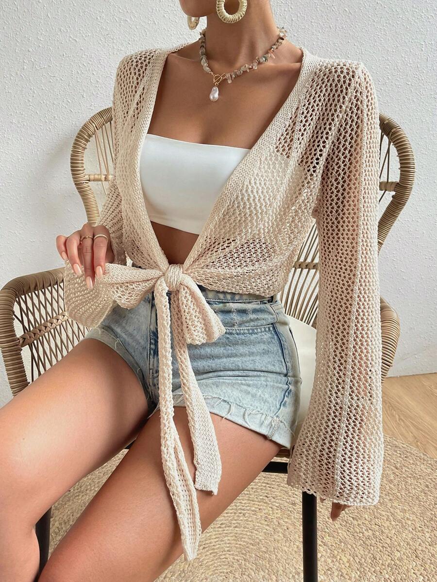 Mesh beach cover-up with front knot and ruffled sleeves