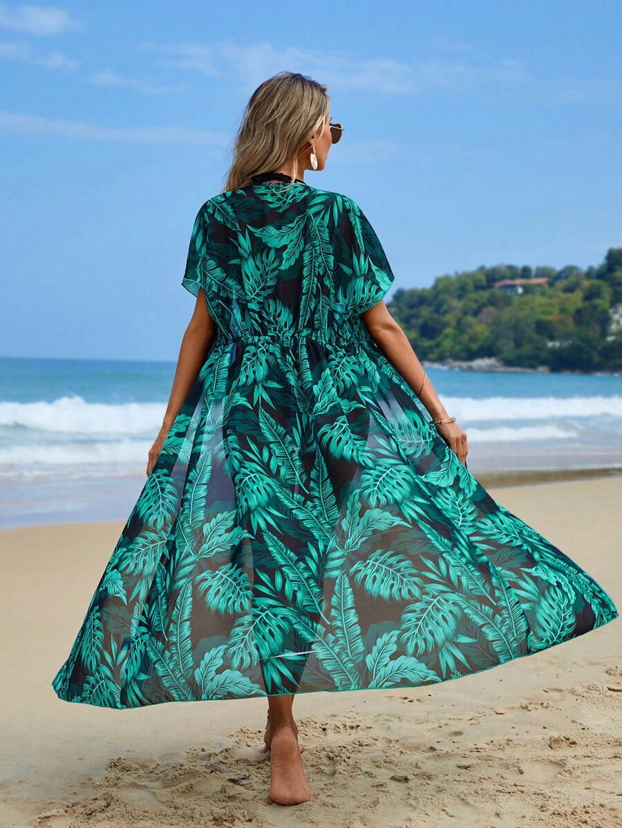 Beach swimsuit cover-up kimono with drawstring and tropical print for women