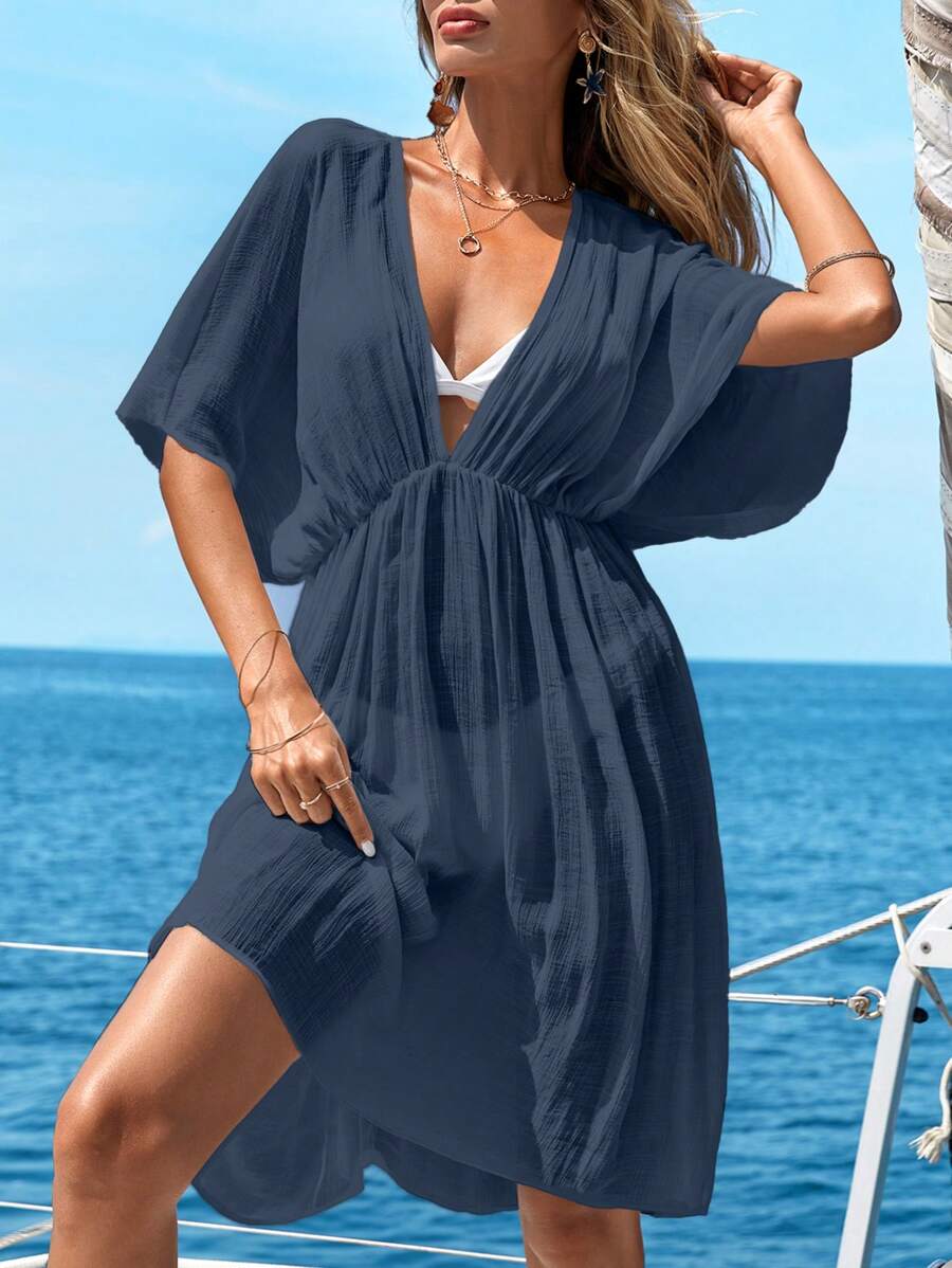 Deep V-neck beach cover-up with batwing sleeves