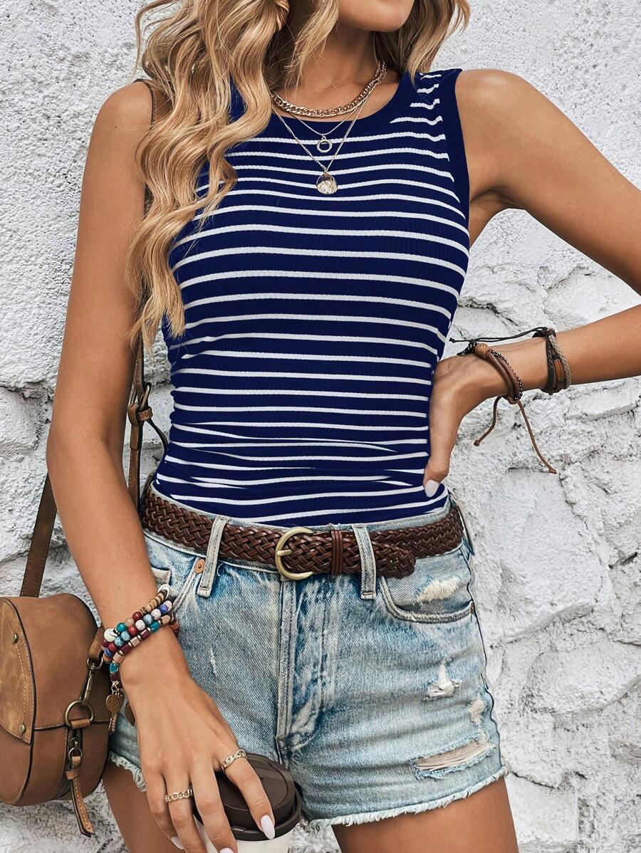 Ribbed striped knit tank tops for women – Casual summer top