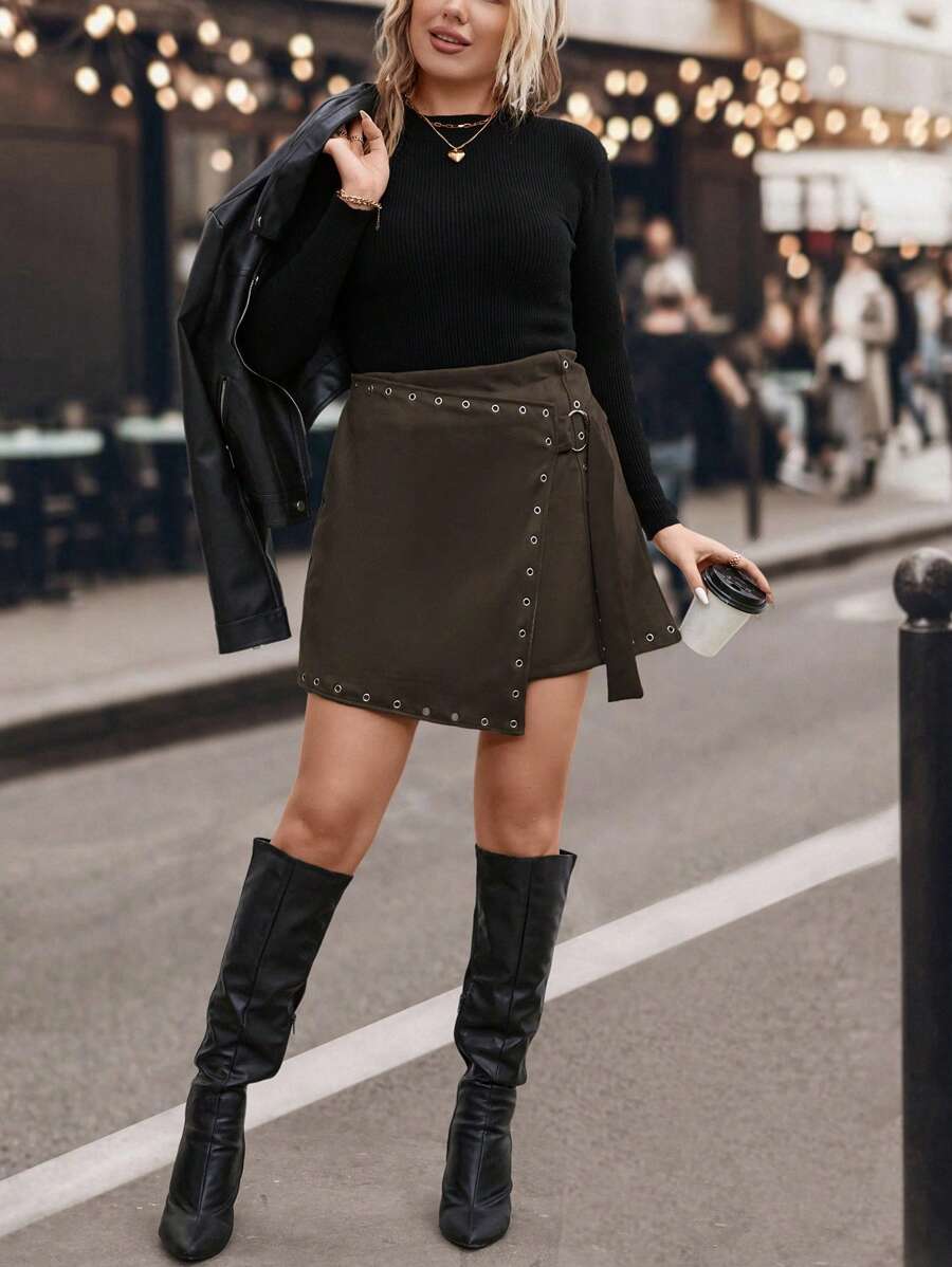 Asymmetric wrap mini skirt with eyelets and eyelet belt - Chic urban style