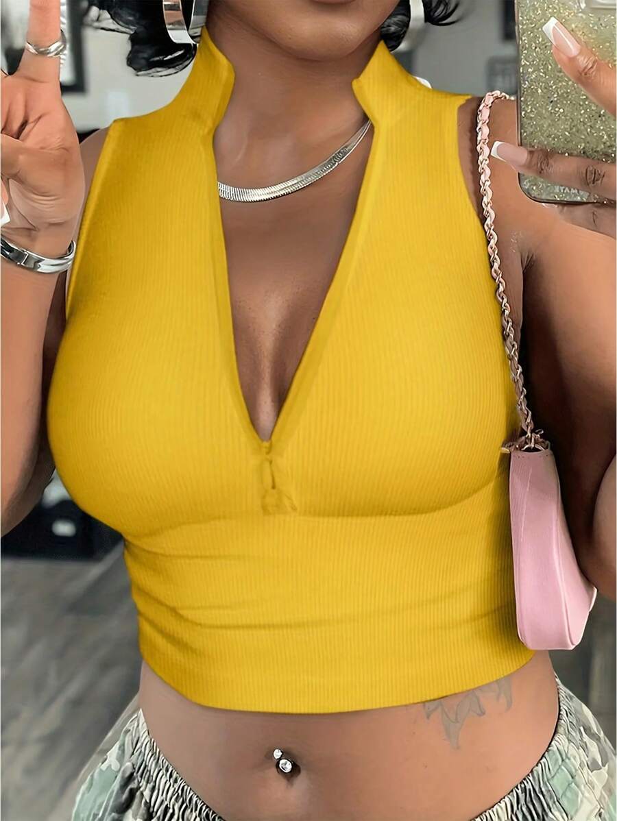 Ribbed knit tank tops with mock neck – Fitted cropped sleeveless top