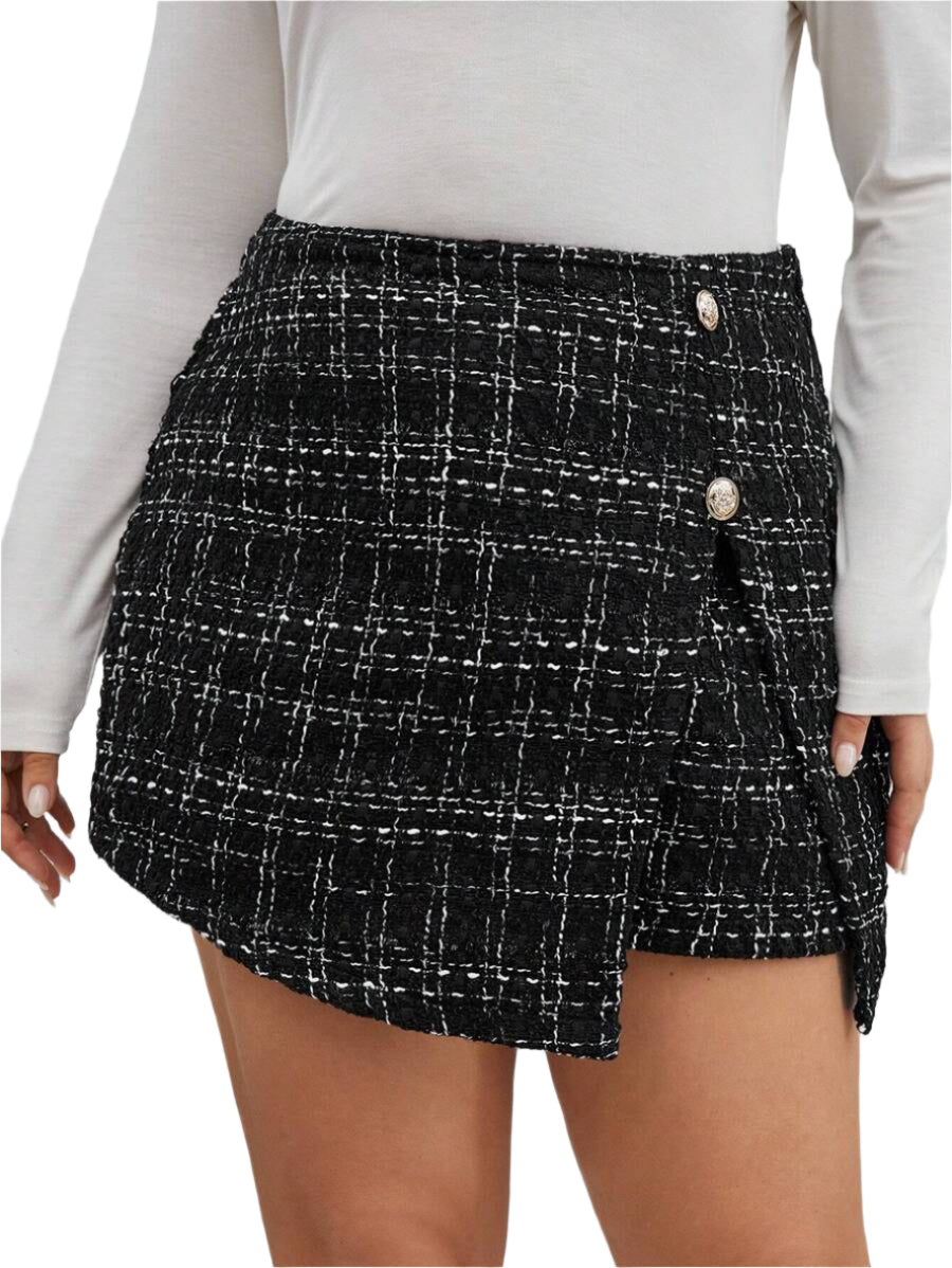 Jupe portefeuille asymétrique boutonnée à carreaux pour femme