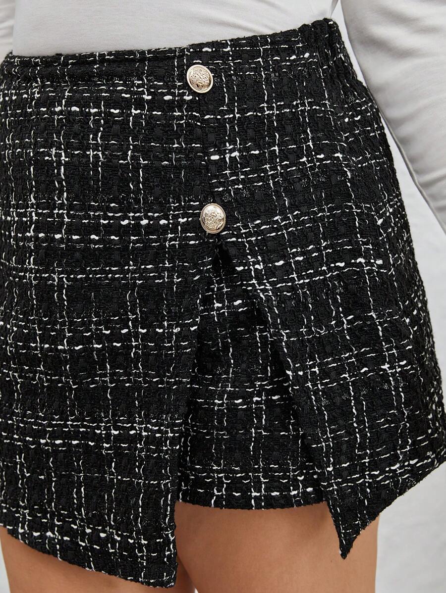 Asymmetrical buttoned plaid wrap skirt for women