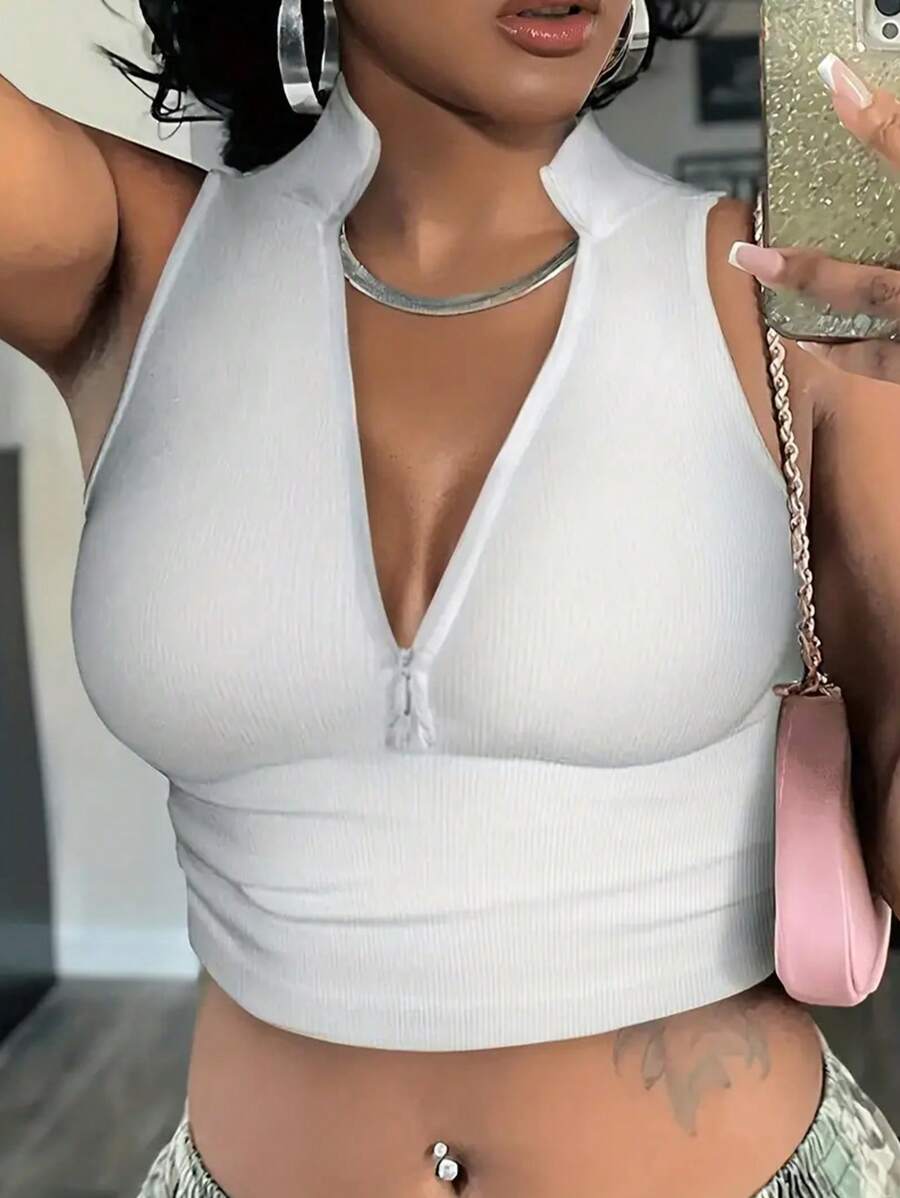 Ribbed knit tank tops with mock neck – Fitted cropped sleeveless top