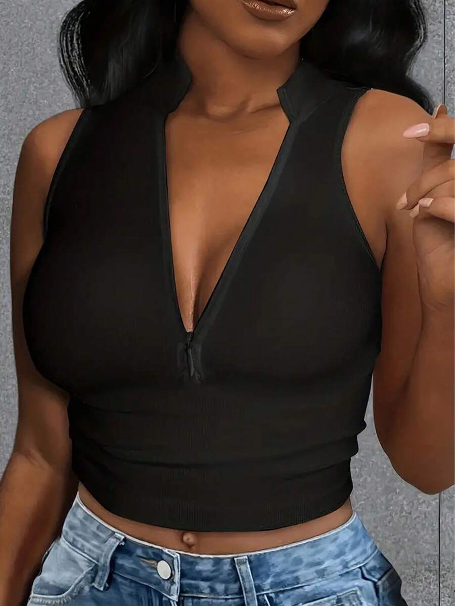 Ribbed knit tank tops with mock neck – Fitted cropped sleeveless top