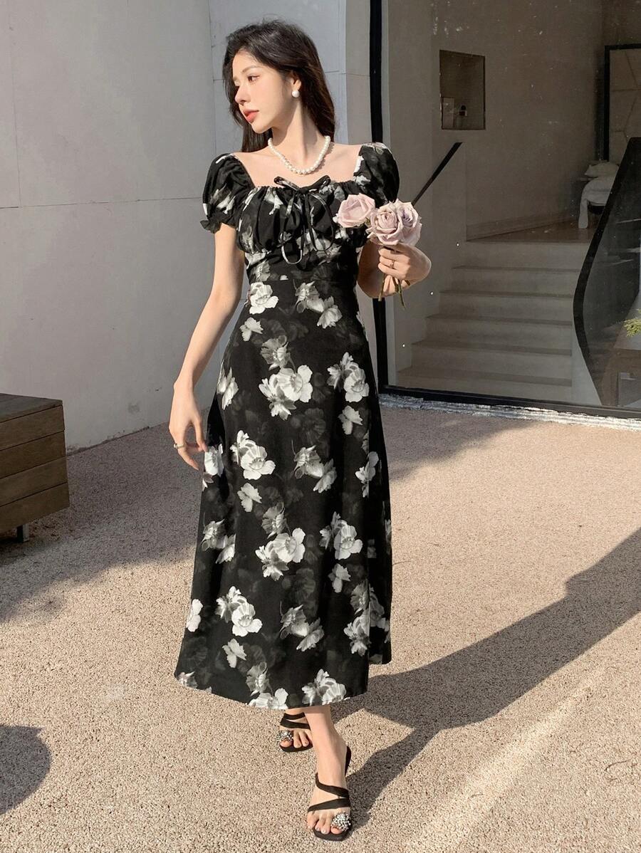Midi floral wrap dress, milkmaid style, for women - Romantic and chic style