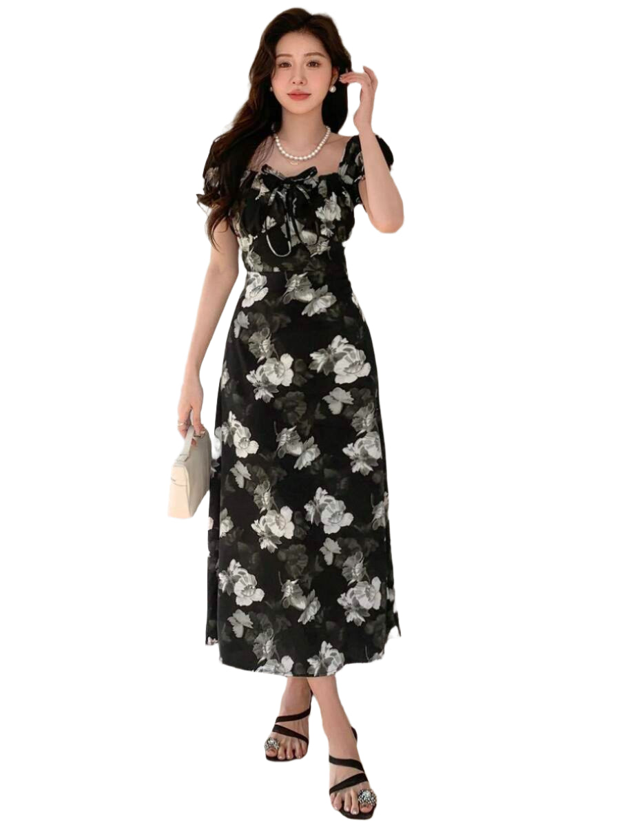 Midi floral wrap dress, milkmaid style, for women - Romantic and chic style