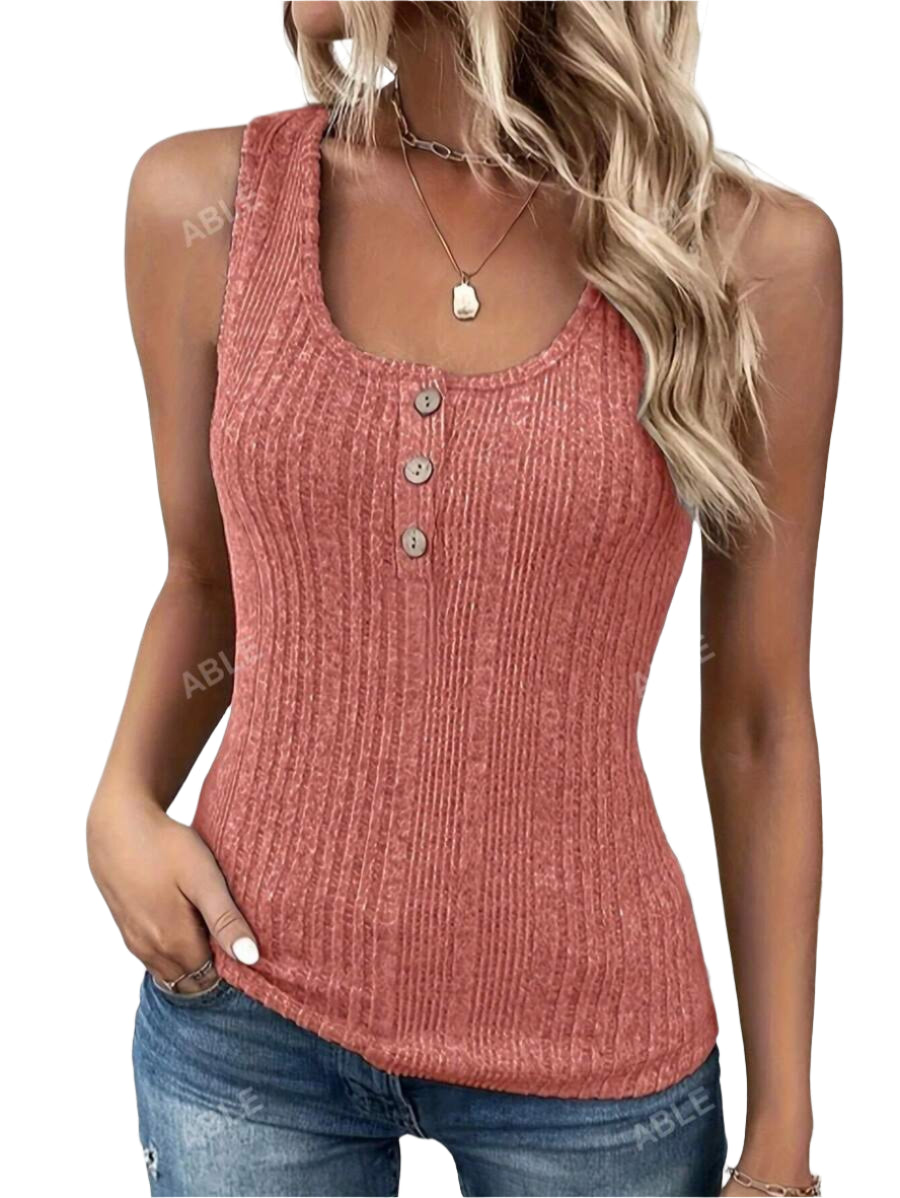 Ribbed knit tank tops buttoned at the front – Casual round neck for summer