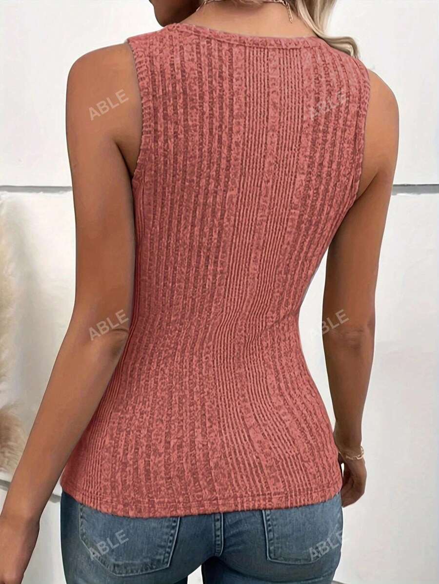 Ribbed knit tank tops buttoned at the front – Casual round neck for summer