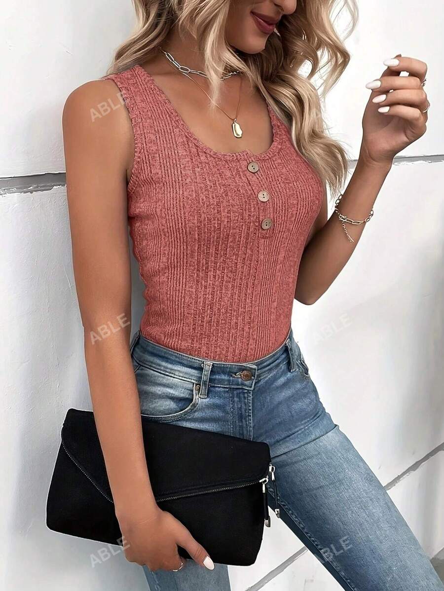 Ribbed knit tank tops buttoned at the front – Casual round neck for summer