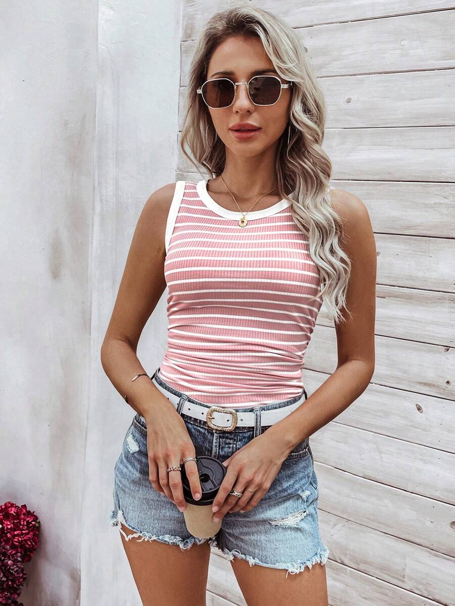 Ribbed striped knit tank tops for women – Casual summer top