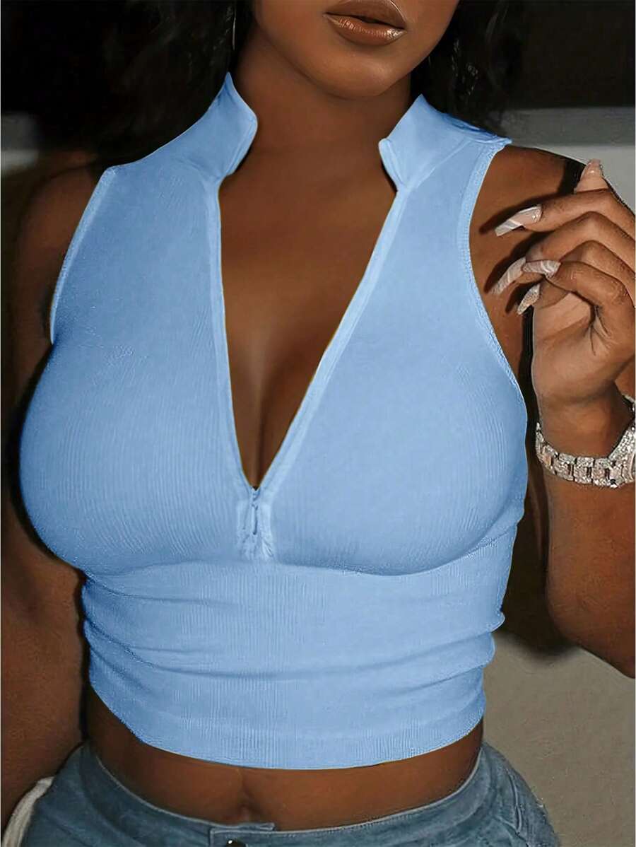 Ribbed knit tank tops with mock neck – Fitted cropped sleeveless top