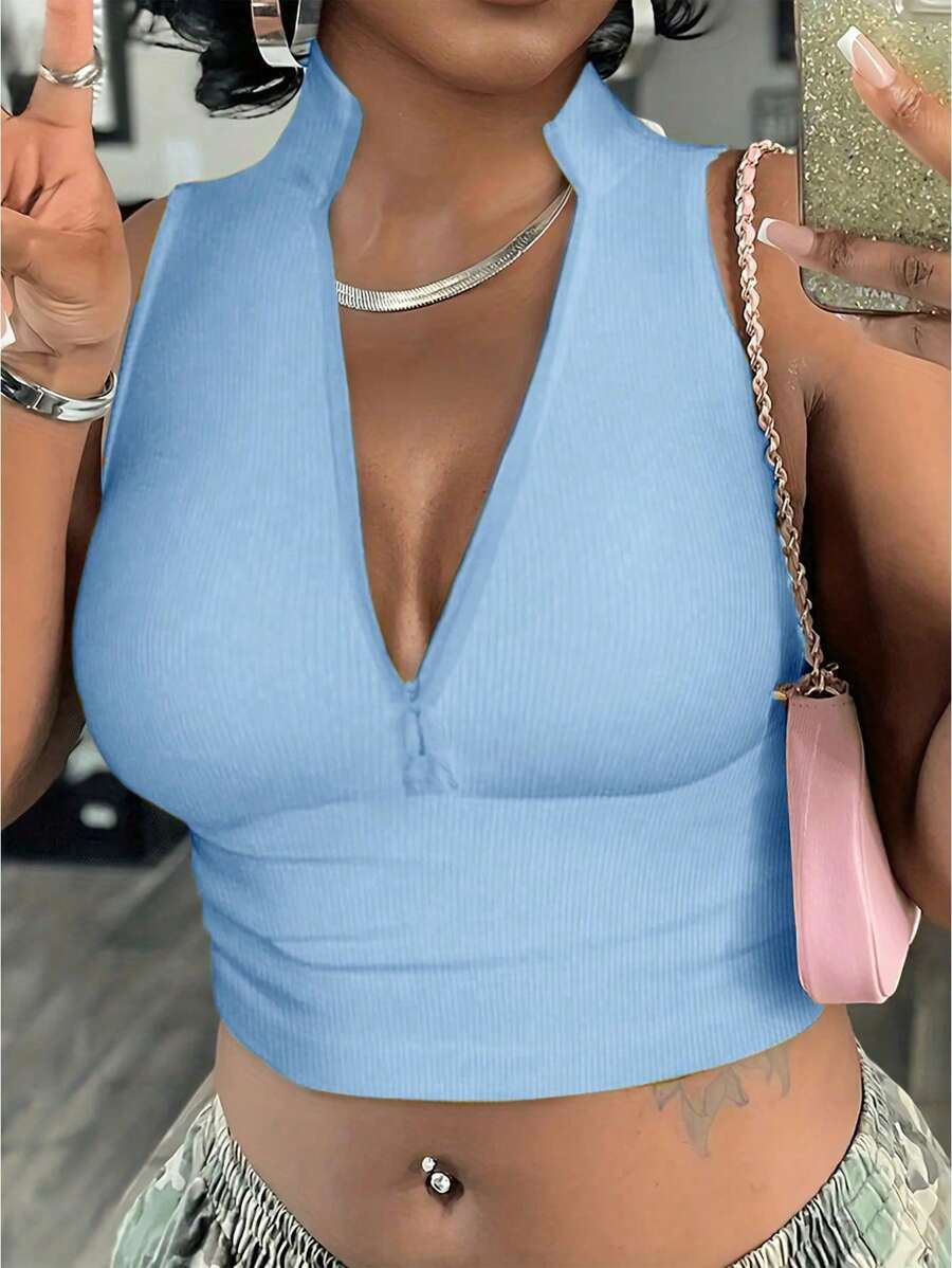 Ribbed knit tank tops with mock neck – Fitted cropped sleeveless top