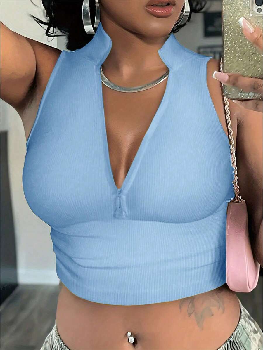 Ribbed knit tank tops with mock neck – Fitted cropped sleeveless top