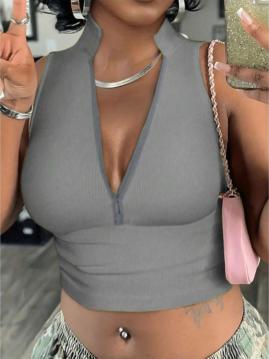 Ribbed knit tank tops with mock neck – Fitted cropped sleeveless top