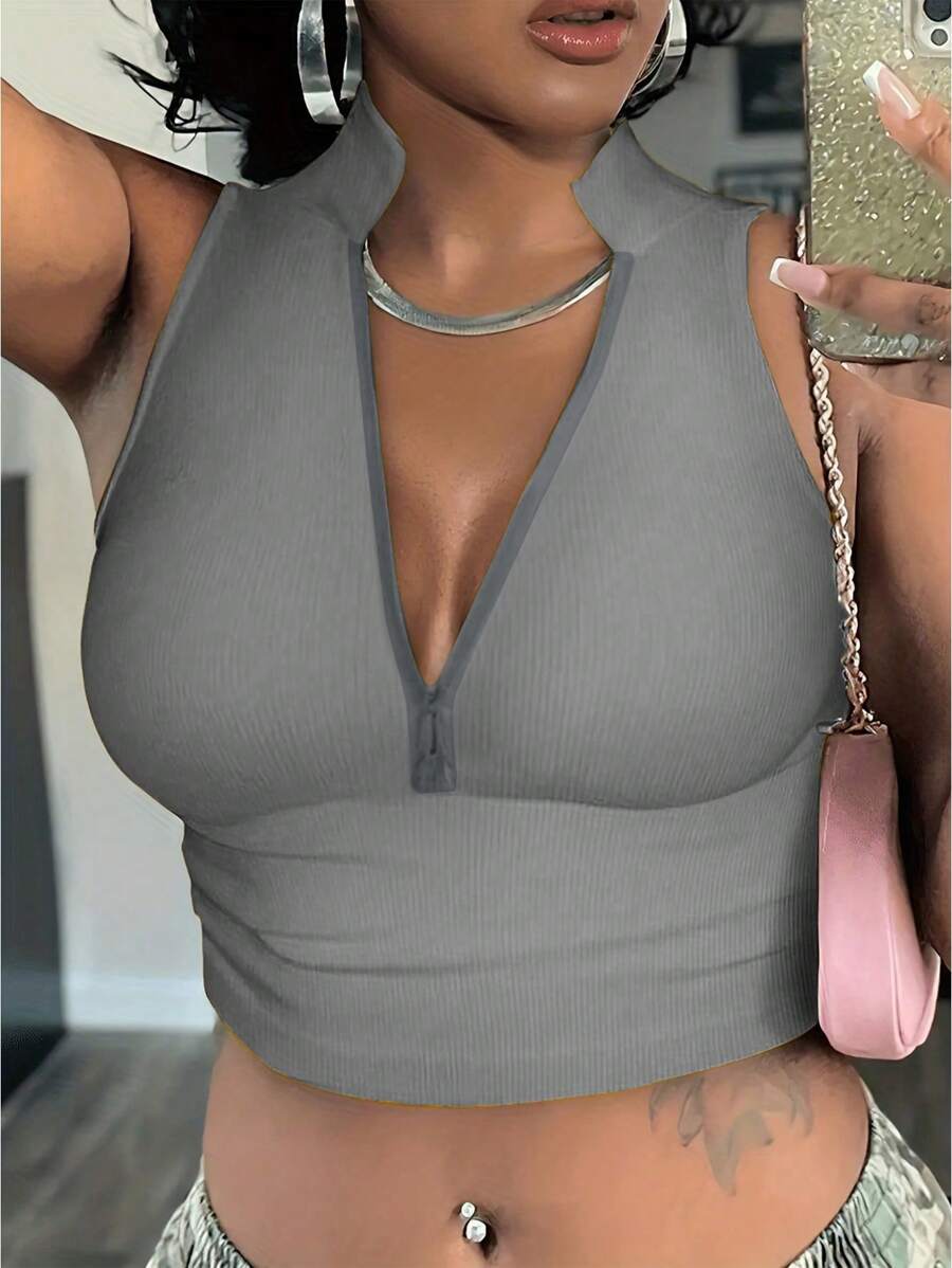 Ribbed knit tank tops with mock neck – Fitted cropped sleeveless top