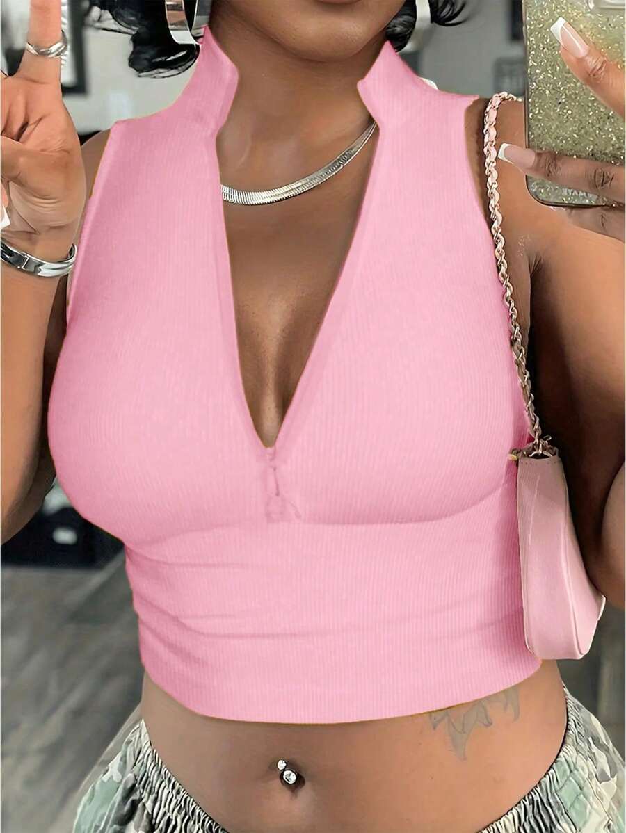 Ribbed knit tank tops with mock neck – Fitted cropped sleeveless top