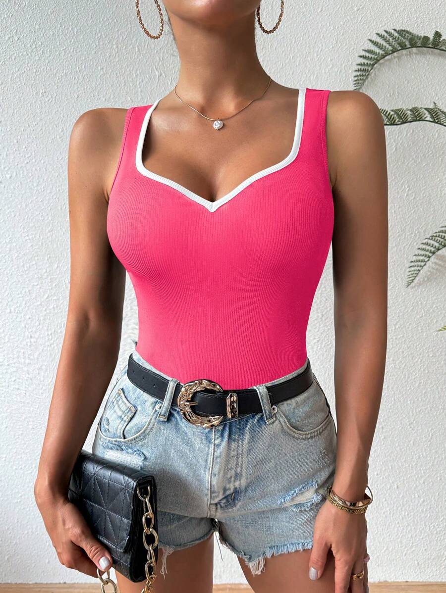 Ribbed knit sweetheart neckline tank tops for women – Sleeveless summer top